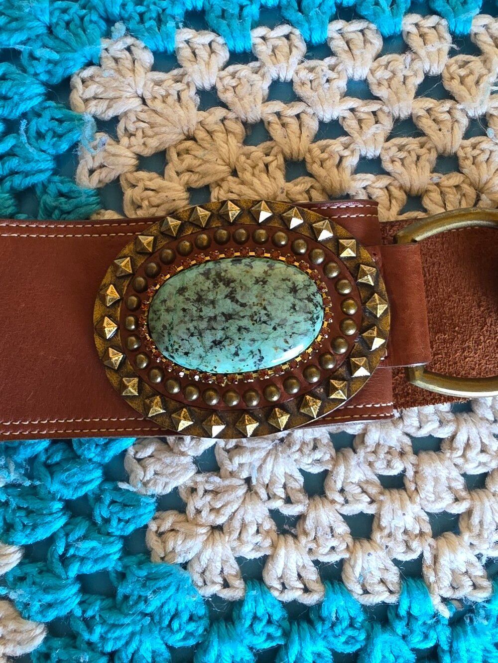 Leather Rock Leather Belt With Turquoise Buckle With Gild Studs - Picture 3 of 7